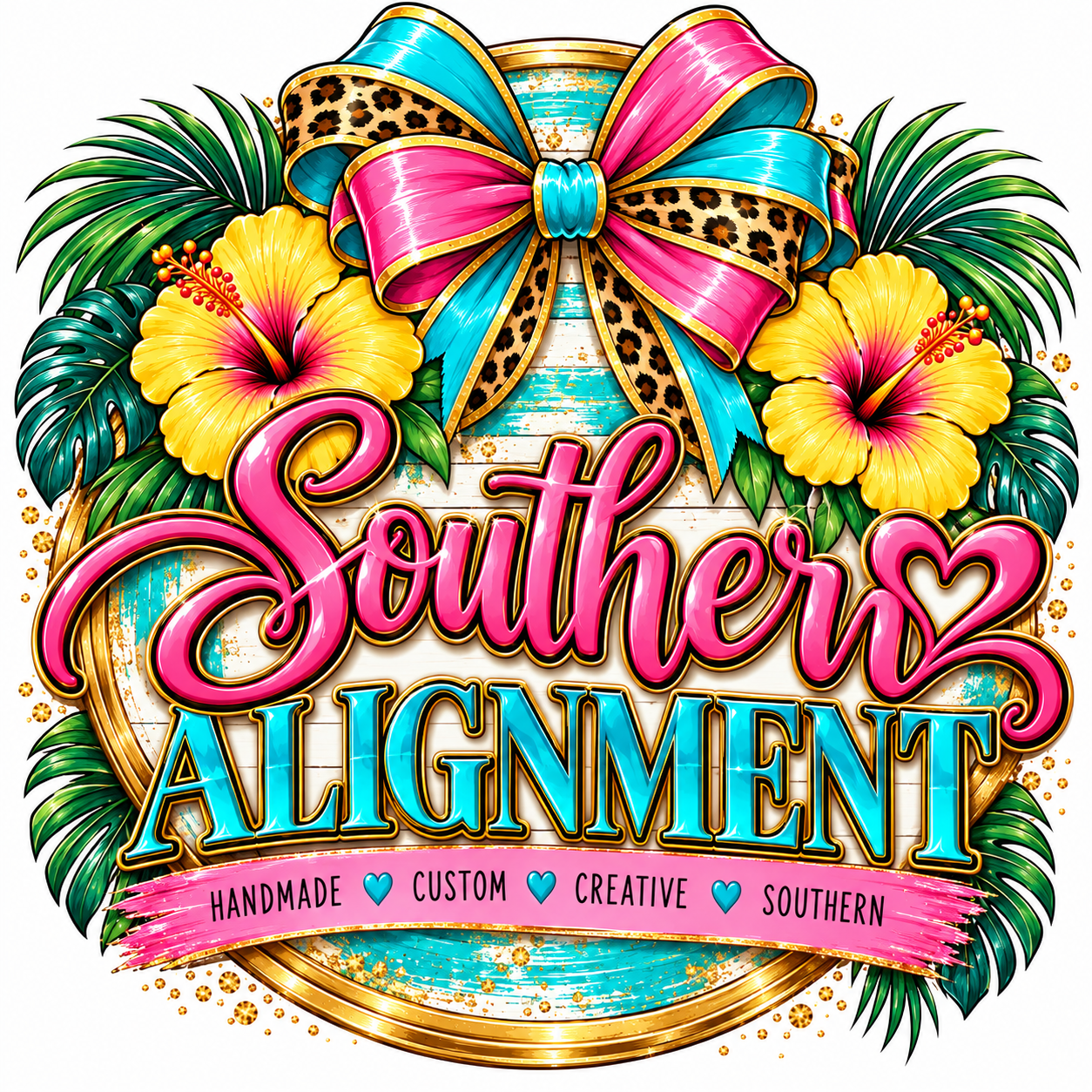 Southern Alignment logo with hibiscus flowers, bow, and the slogan Handmade, Custom, Creative, Southern